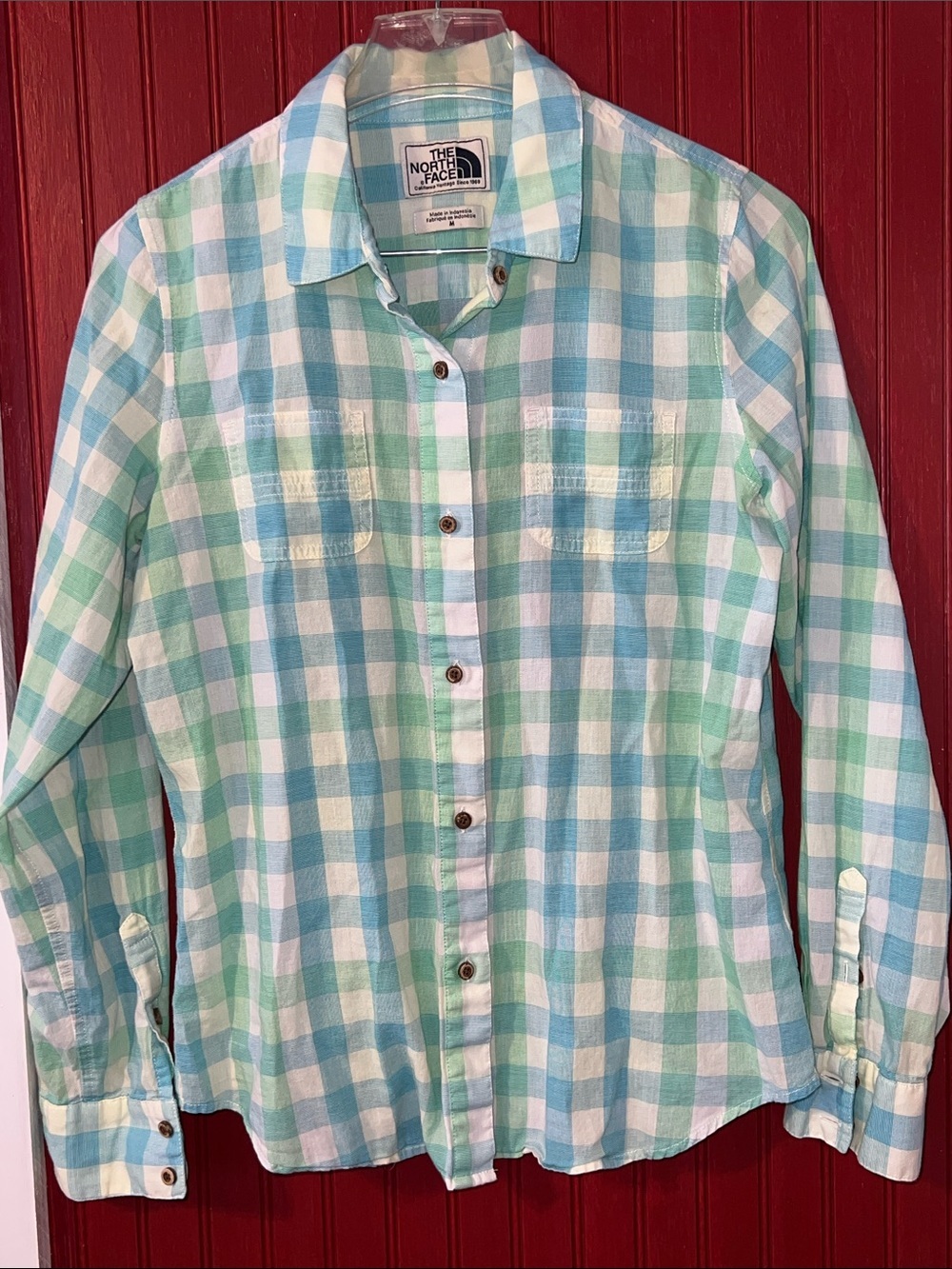 North Face Sz M Women Button Shirt Top Roll Tab Sleeve Green Plaid Long Sleeve